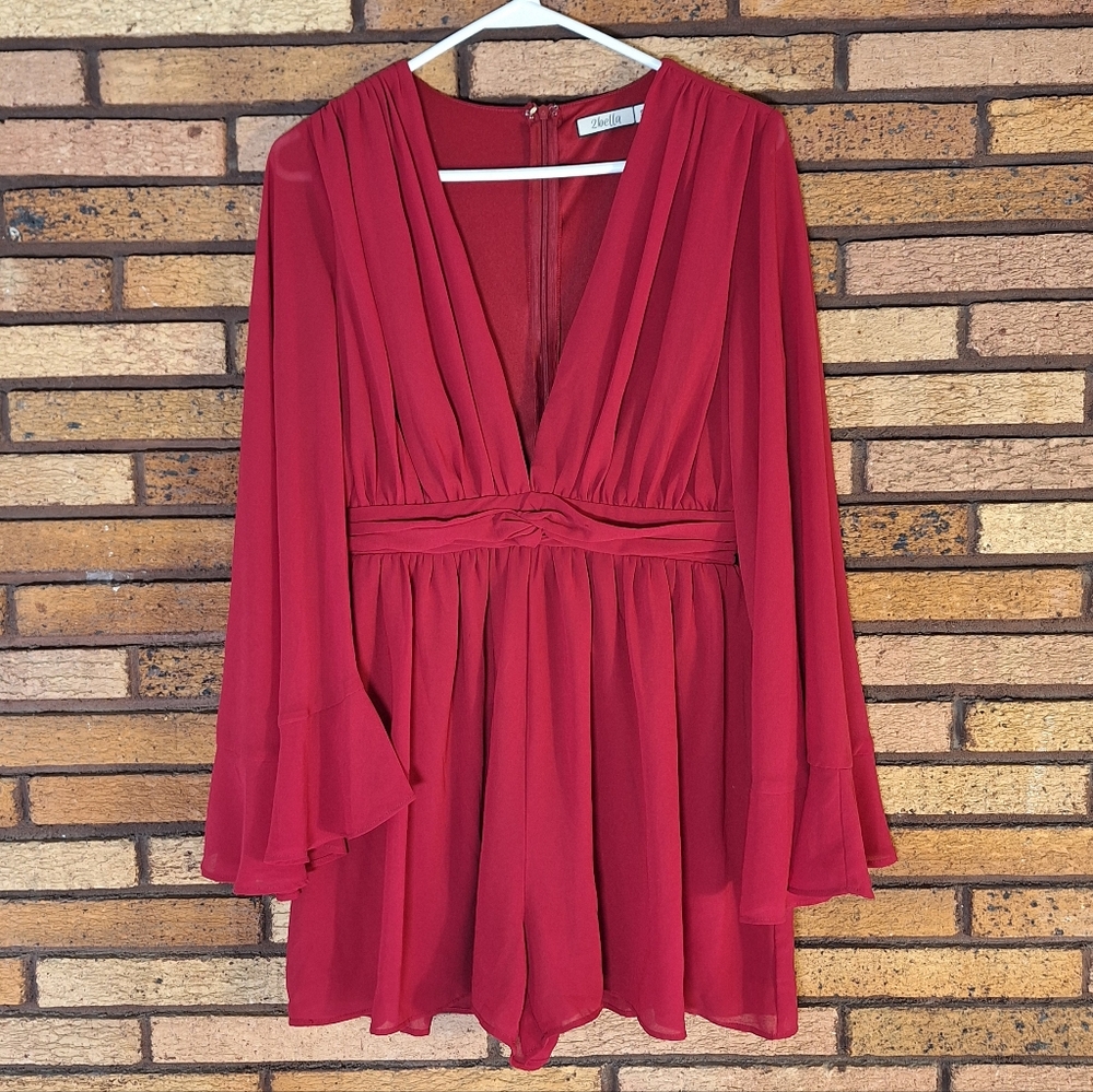 2Bella Small Maroon Red Deep V-Neck Long Sleeve Romper